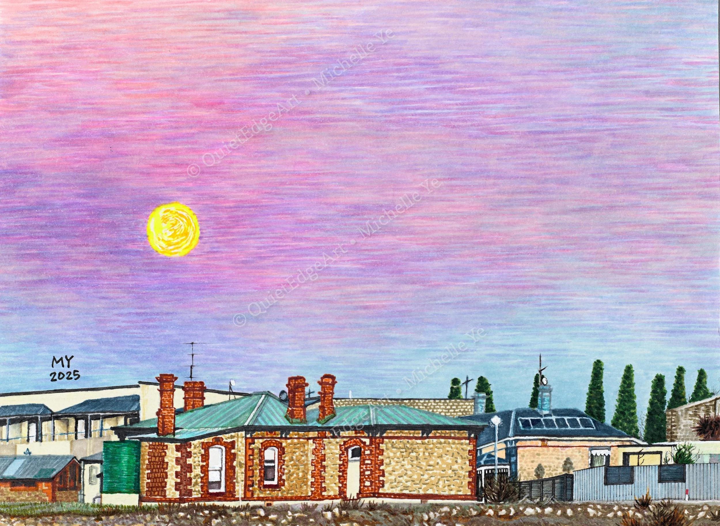 Marker drawing of Kangaroo Island at first sight, with the golden moon still in the sky.