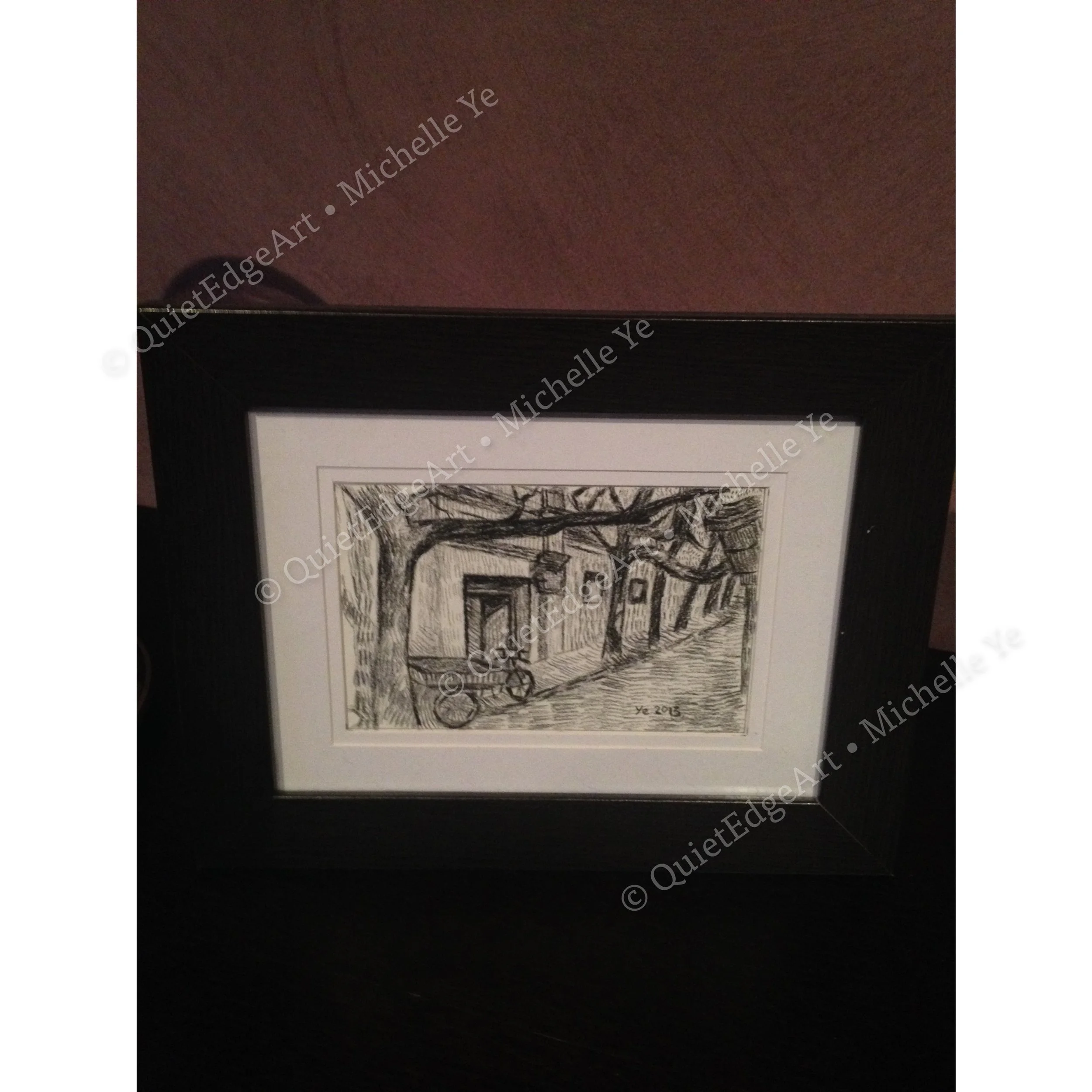 Beijing Hutong, pencil and charcoal on paper, A5 size, 2013. Inspired by picture sourced from internet.