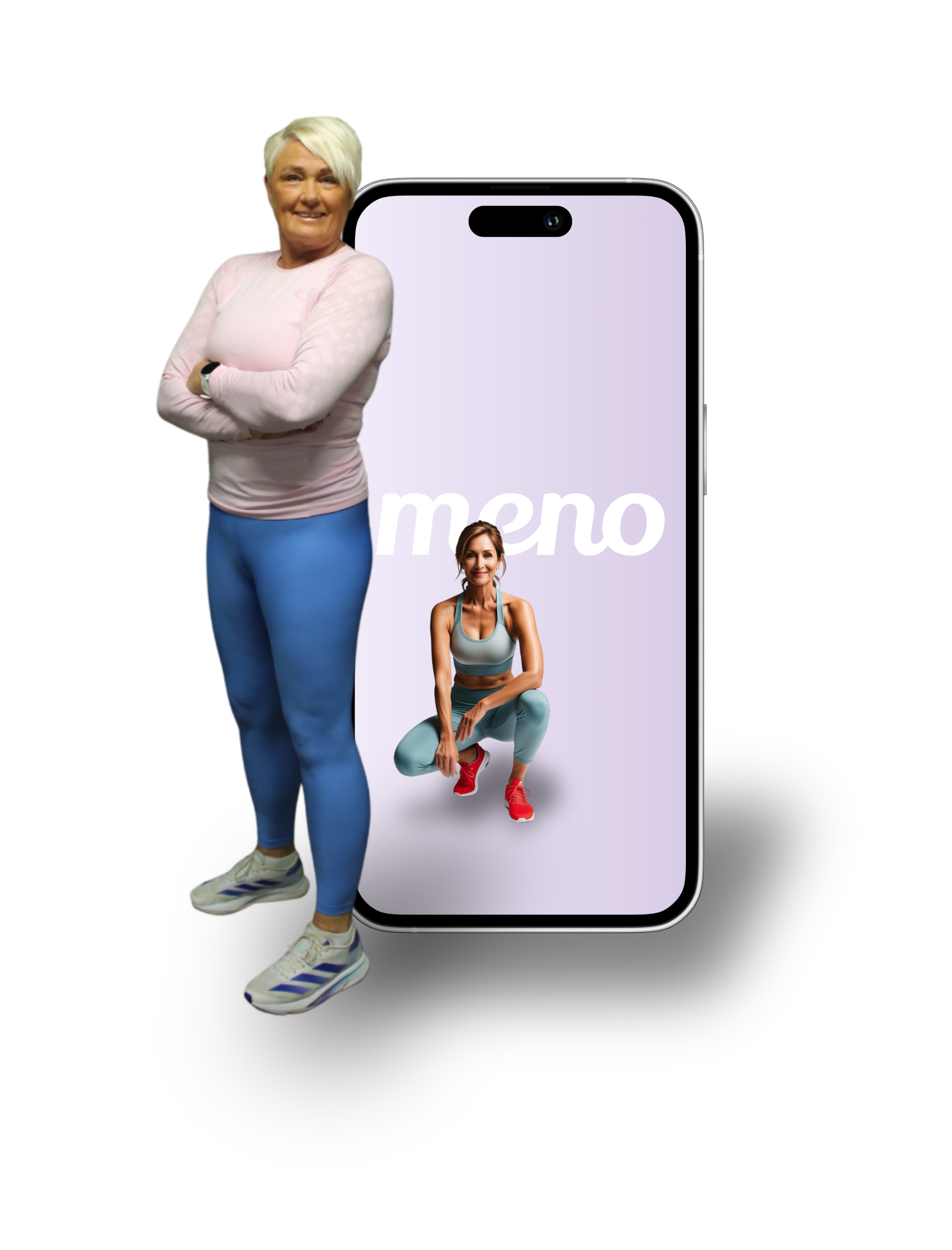 En kvinne i treningstøy står foran en stor smarttelefon med et skjermbilde av en annen kvinne i treningsklær. Ordet "meno" vises på skjermen.
