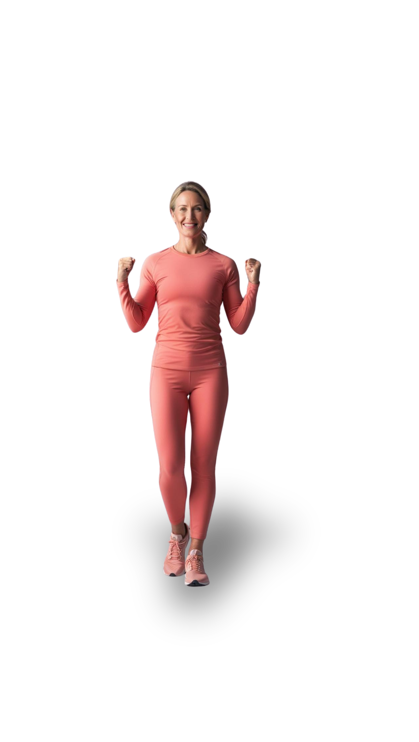 Kvinne i rosa treningsklær med aerobic-positur, mot svart bakgrunn.