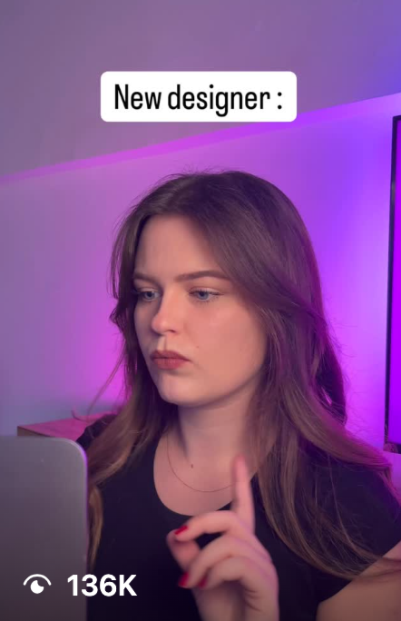 A young woman with long hair looking at a laptop, with purple and pink lighting in the background. The text overlay says 'New designer :'.