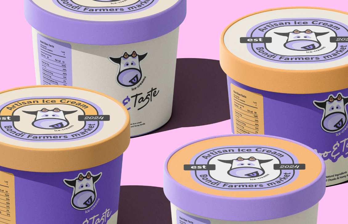 Four tubs of artisan ice cream with purple and orange lids, featuring a cartoon cow logo and the words "Artisan Ice Cream Bondi Farmers Market est 2024" on a pink background.