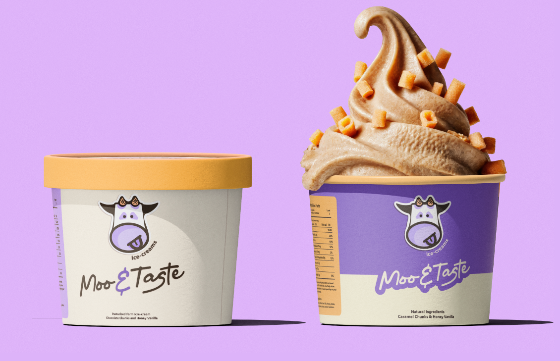 A tub of Moov & Taste ice cream with caramel chunks and honey vanilla flavor, next to another tub with a soft serve swirl of the same flavor, topped with caramel chunks.