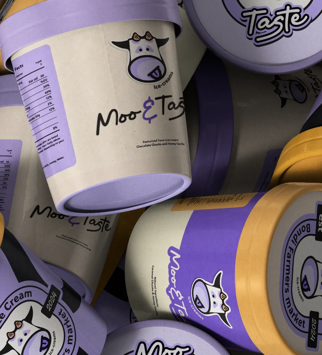 Multiple containers of Moo & Taste ice cream, featuring a cartoon cow logo, flavor Chocolate Chunks and Honey Vanilla, with pastel purple and yellow packaging.