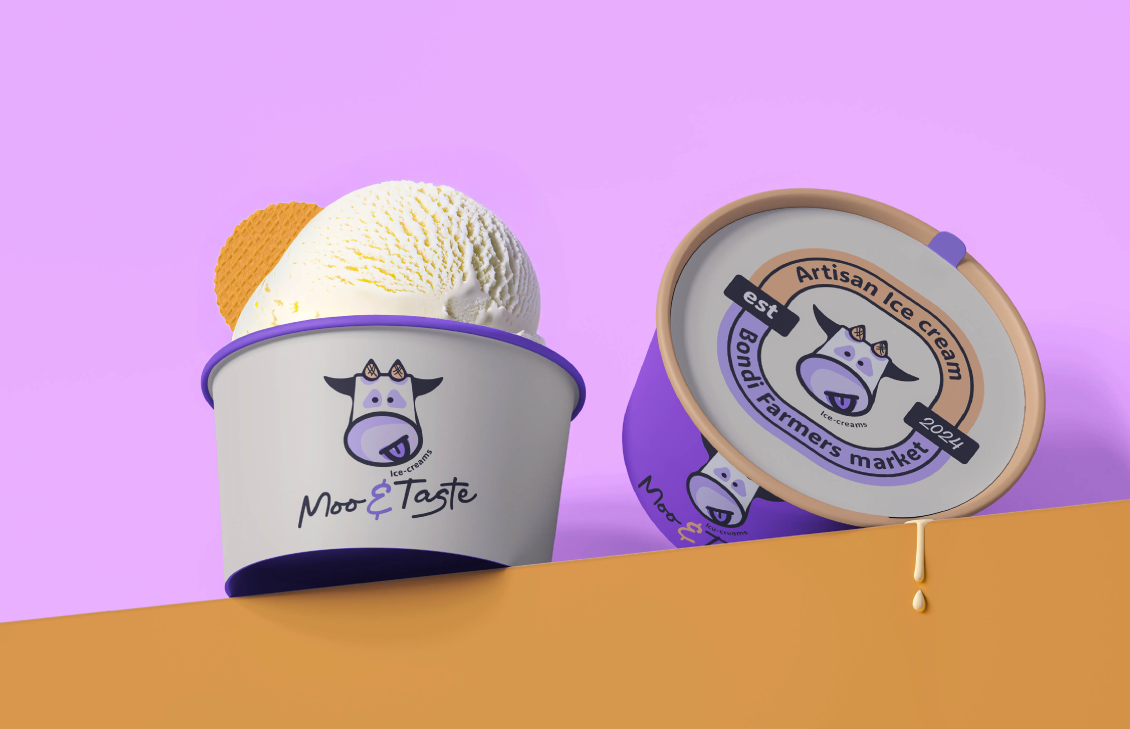 Two ice cream containers with a cartoon cow logo, one with a scoop of vanilla ice cream and a waffle cone piece, set against a purple background. One container is upright labeled "Moo & Taste," the other is tilted with ice cream dripping from it, labeled "Artisan Ice Cream, est. 2024, Bond Farmers Market."
