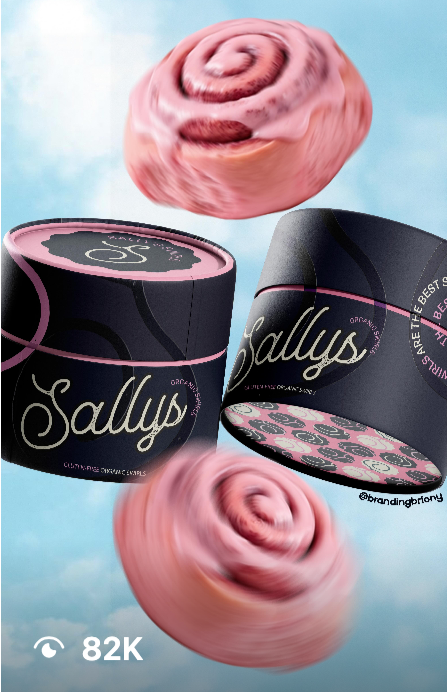 Two containers of Sally's ice cream and two cinnamon rolls floating against a blue sky background.