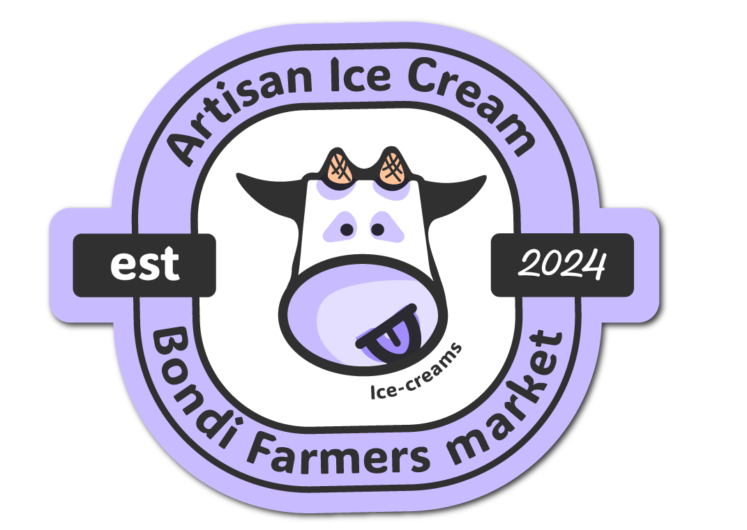 Logo for Andy's Artisan Ice Cream, established in 2024, with a cartoon cow sticking out its tongue, surrounded by purple and black text.
