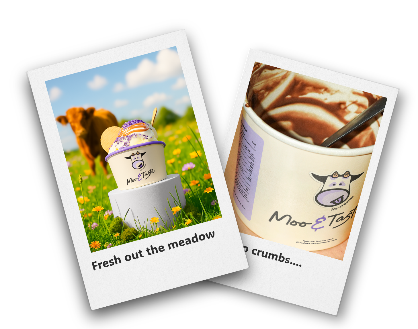 Two printed photographs of Moo & Taste ice cream: one depicting a scoop of ice cream in a cup with a dog and meadow background, and the other showing a swirl of ice cream in a cup with chocolate toppings.