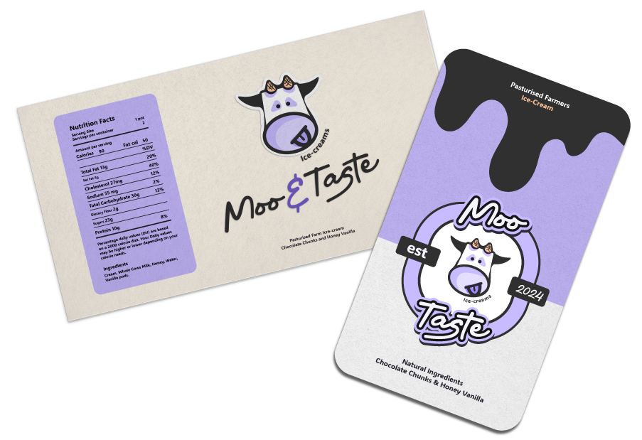 Two ice cream product packaging designs for 'Moo & Taste' brand, featuring a cartoon cow and flavor details. One box shows nutrition facts, flavored with chocolate chunks and honey vanilla with a purple and black color scheme.