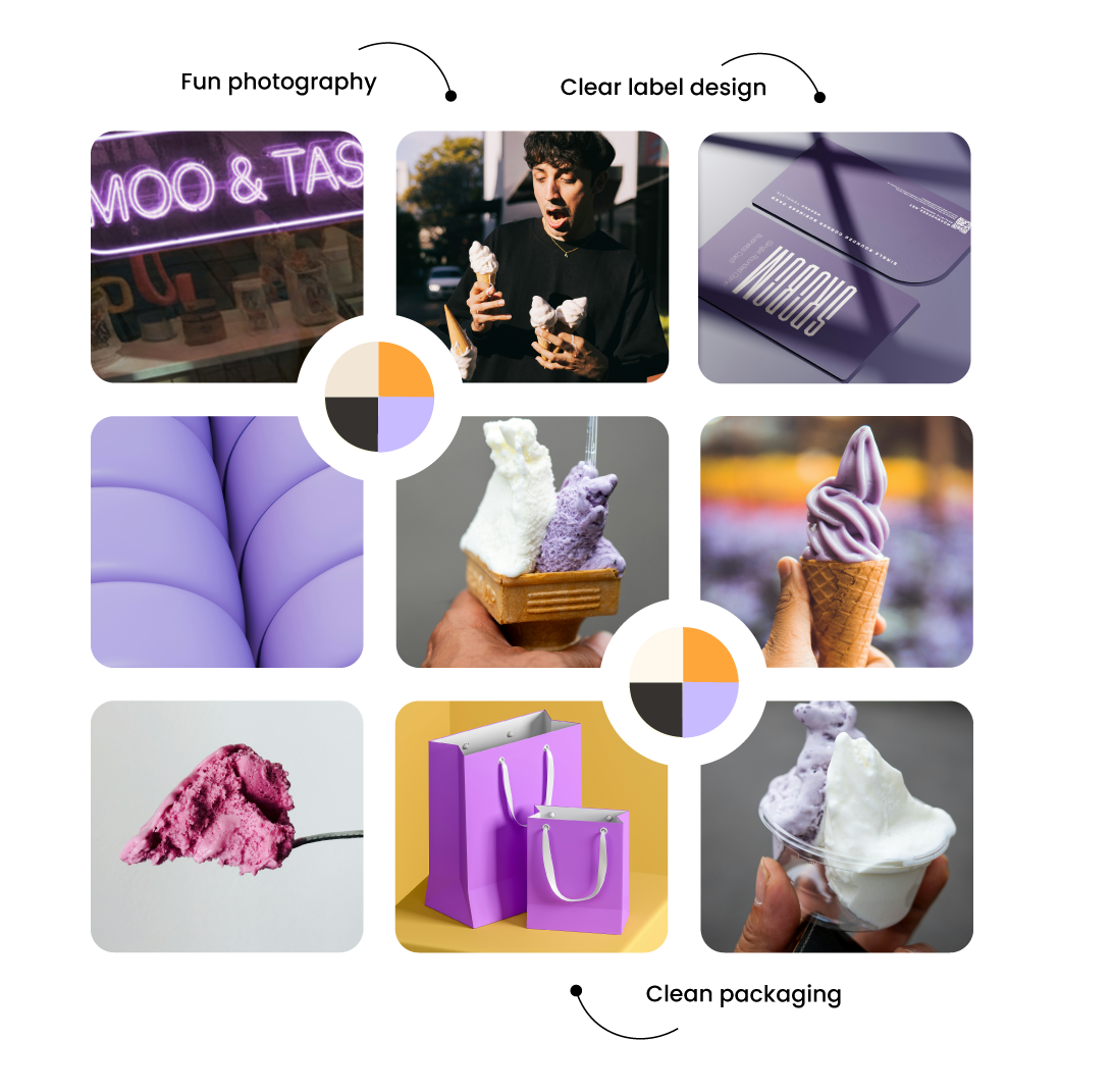 A collage of images featuring various ice cream desserts, shopping bags, and pastel-colored accessories, with neon signage and packaging.