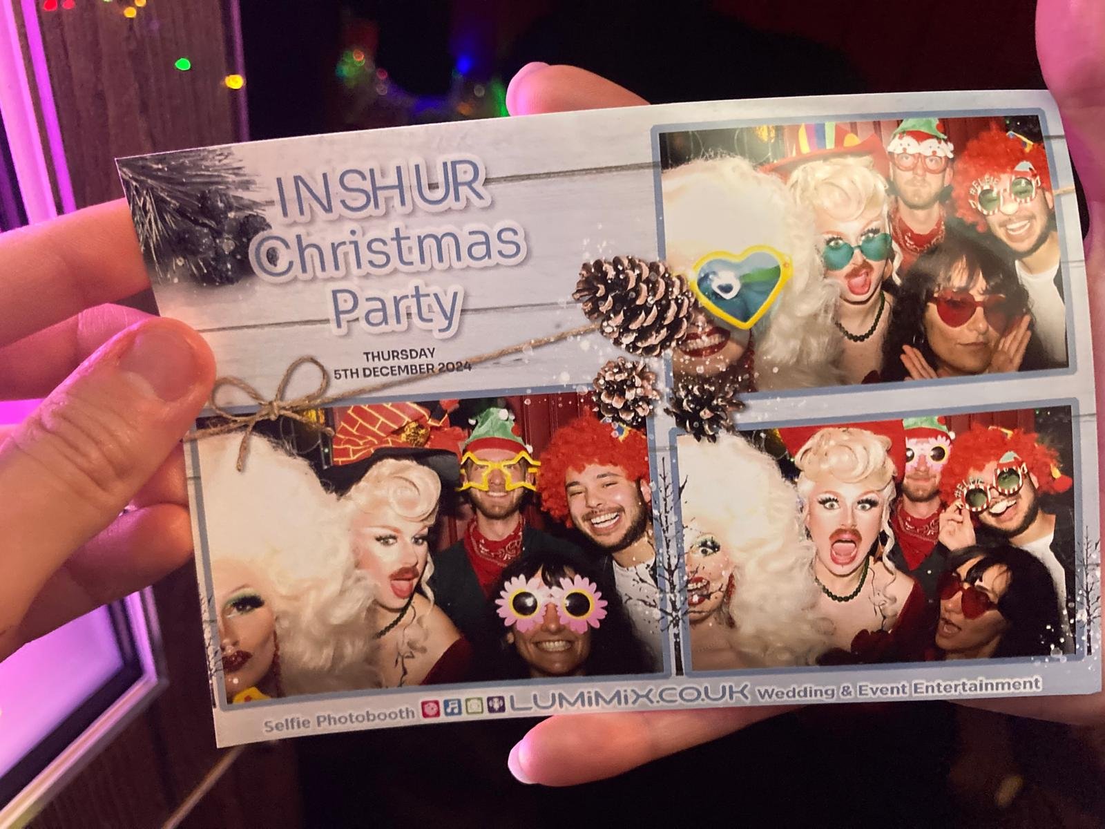 Photo collage from INSHUR Christmas Party featuring people in festive costumes and eyewear, dated Thursday, 5th December 2024, with decorative pinecones.
