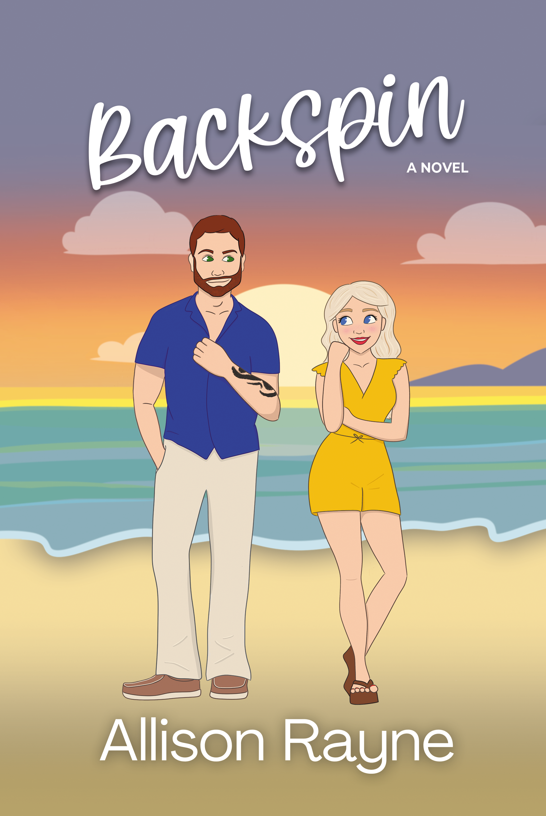Cover of a book titled 'Backspin' by Allison Rayne, featuring two illustrated characters, a man and a woman, standing on a beach at sunset with clouds and mountains in the background.