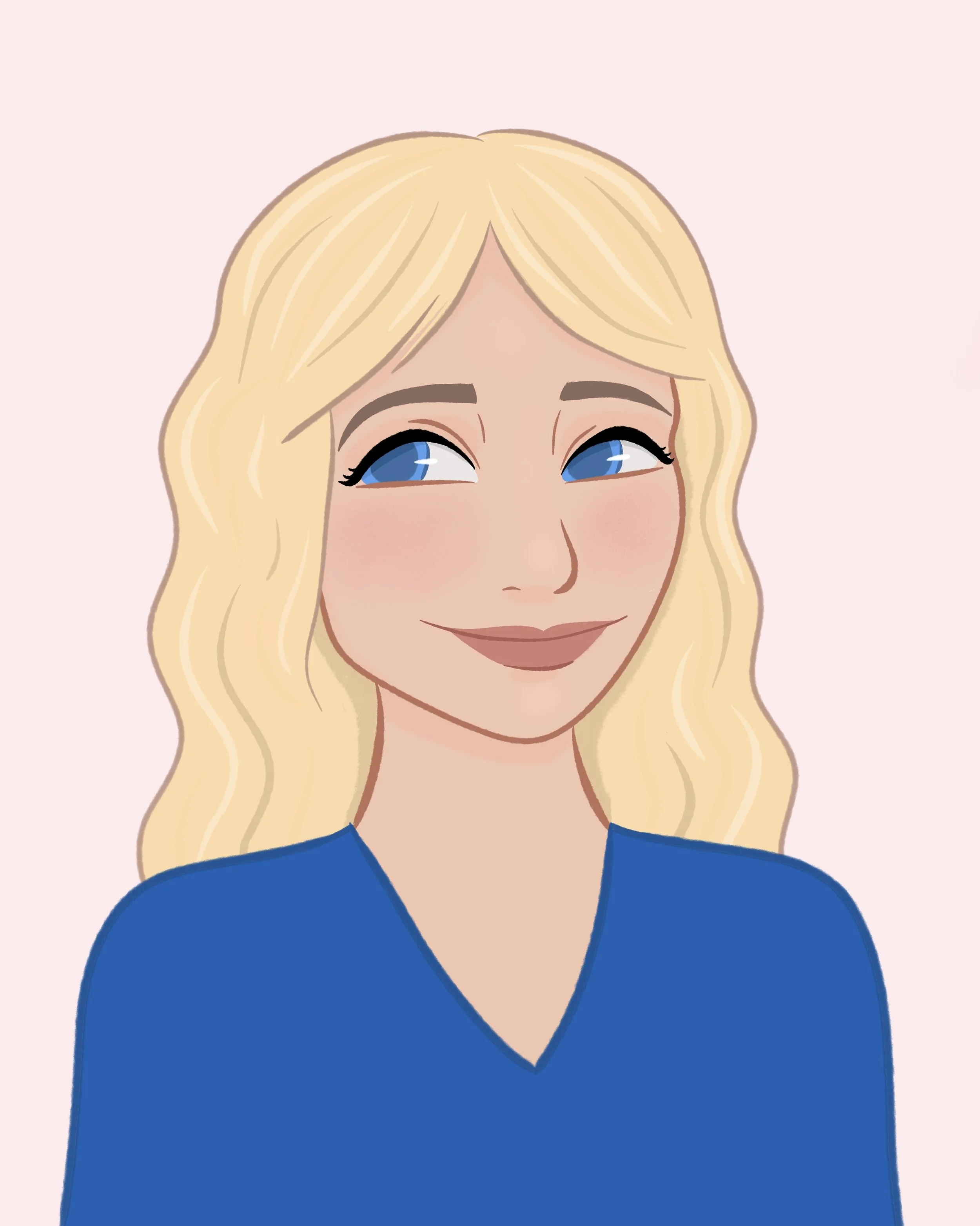 Illustration of a woman with long blonde hair, blue eyes, wearing a blue top, smiling, against a light pink background.