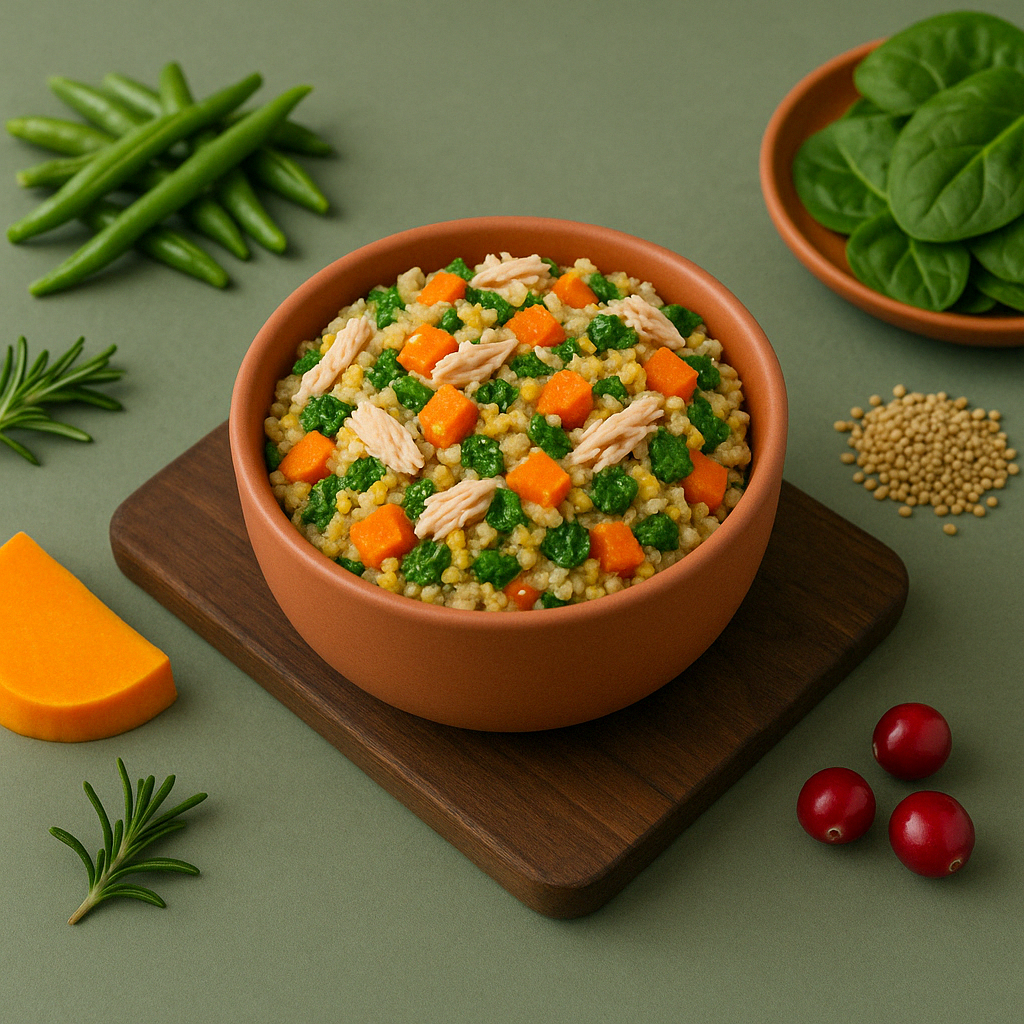 A bowl of mixed vegetables with barley, featuring carrots, peas, and shredded pieces on a wooden board. Surrounded by ingredients like green beans, rosemary, spinach, squash, cranberries, and grains on a green background.