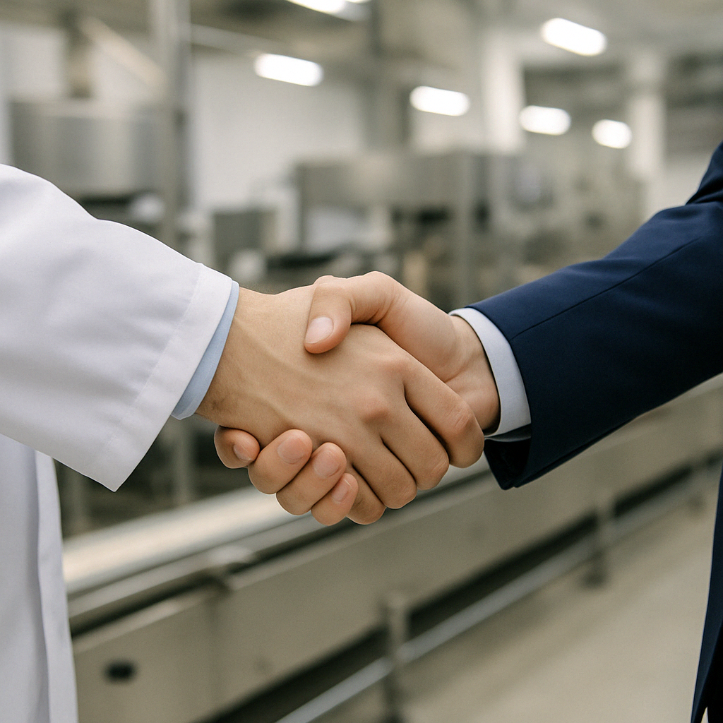 Two people shaking hands in a professional setting, one wearing a lab coat and the other a suit.