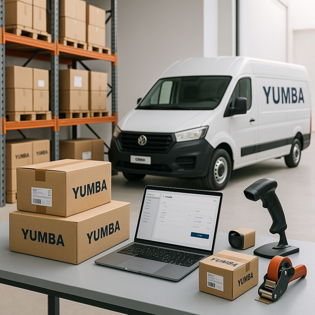 Warehouse scene with cardboard boxes labeled 'Yumba,' a laptop on a table, a barcode scanner, packing tape, and a delivery van in the background.