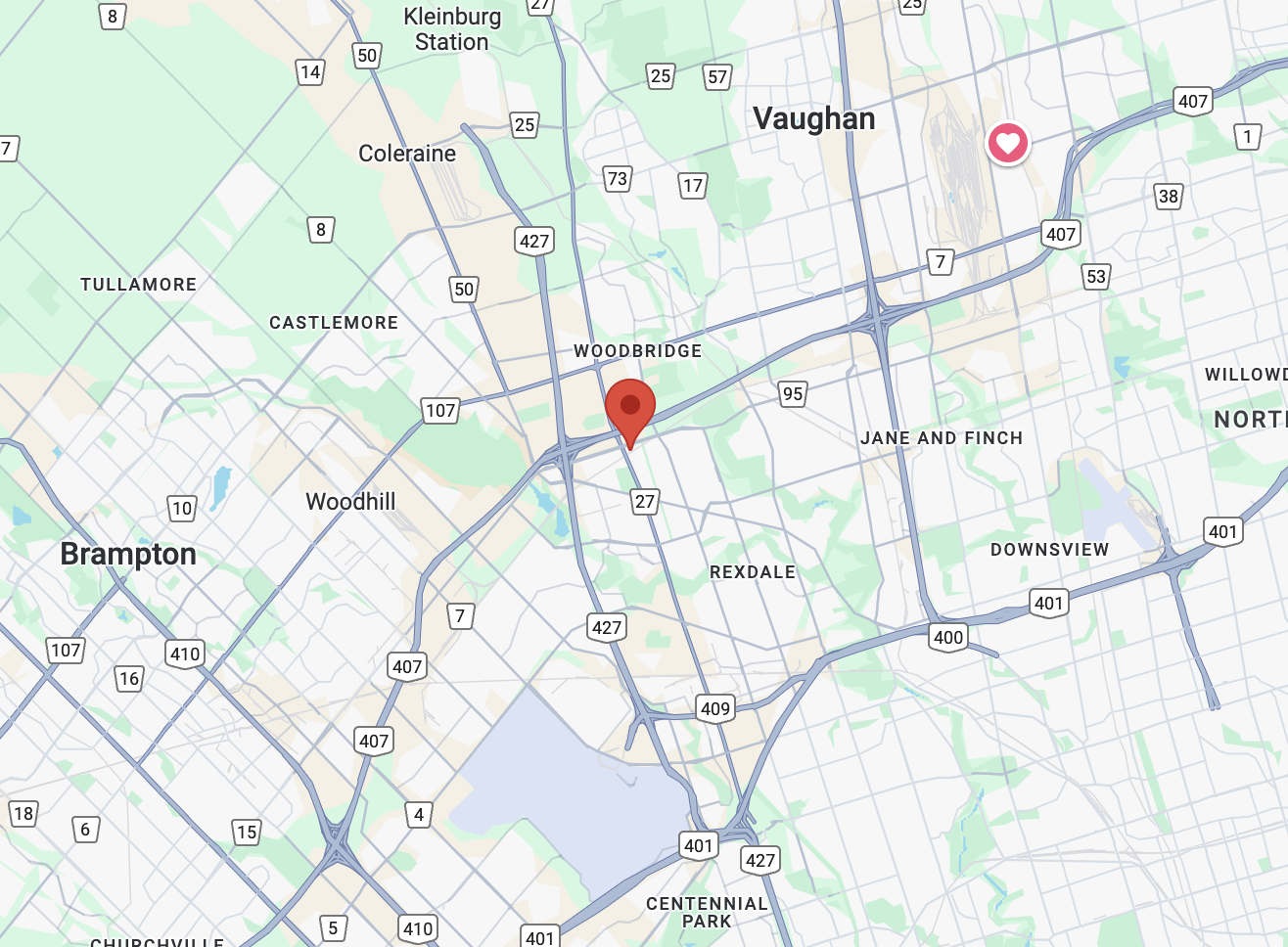 Map of Woodbridge area with highlighted point near highways 400 and 407, showing nearby locations like Vaughan, Brampton, and Rexdale.