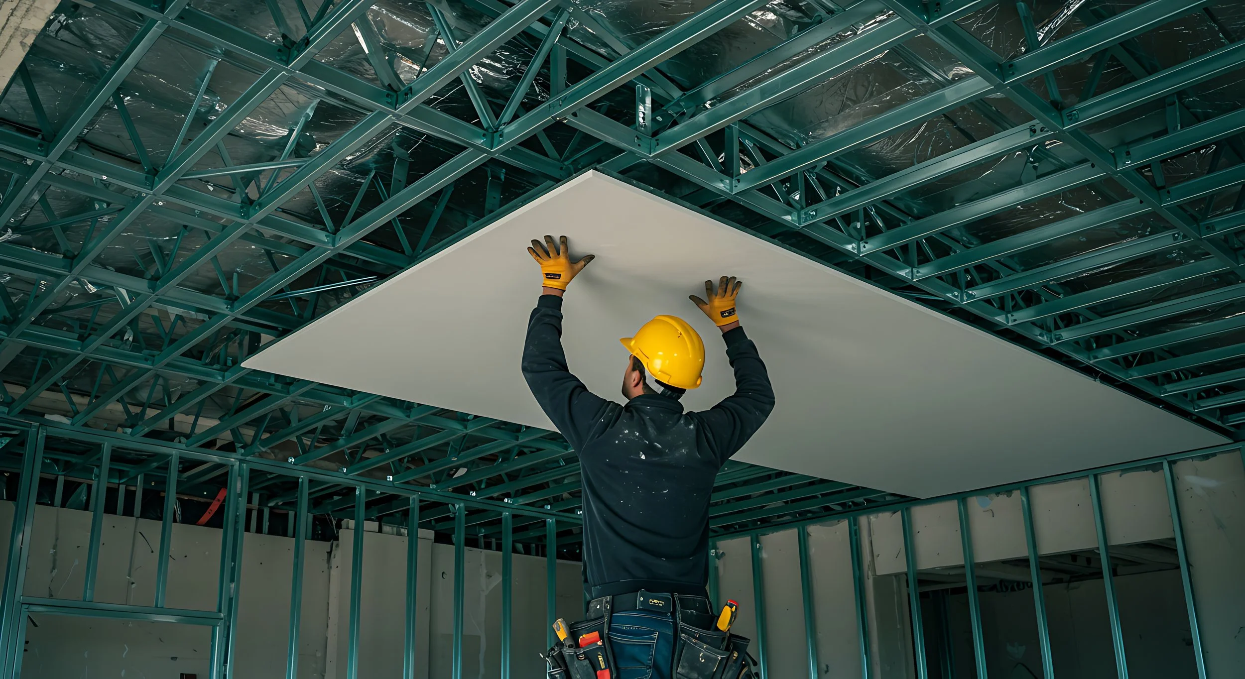 Construction worker installing a ceiling panel in a building with metal framing, wearing a yellow hard hat and gloves.
