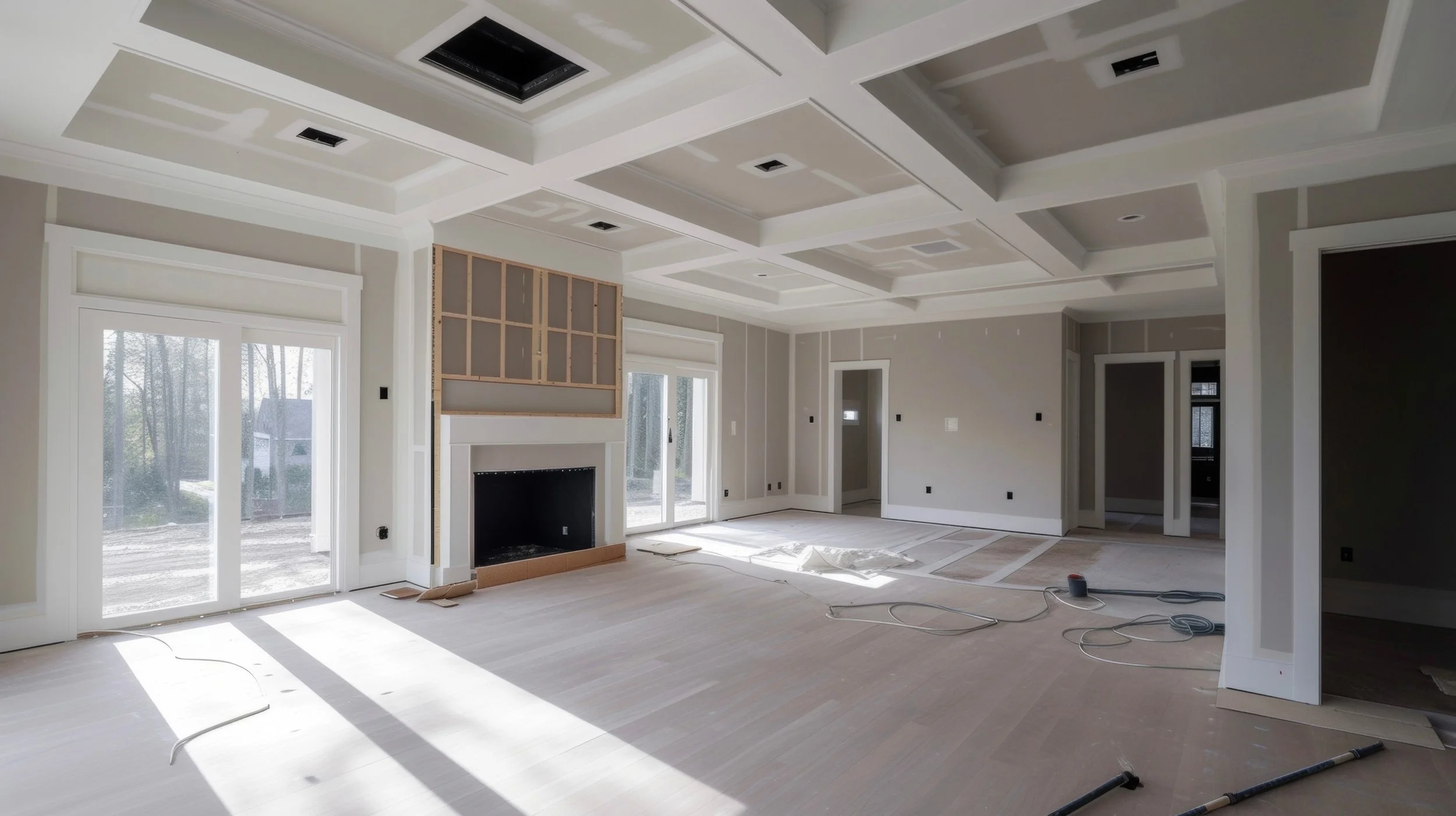 Living room under construction with light wood flooring, large sliding glass doors, a fireplace, unfinished wall panels, and construction tools on the floor.
