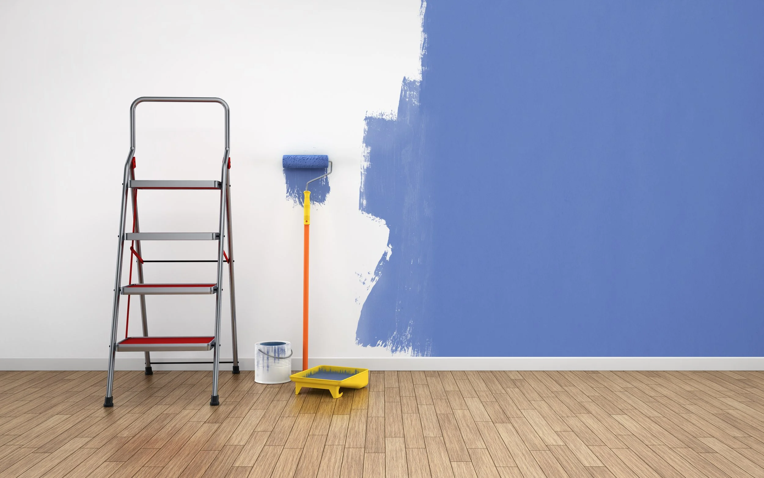Step ladder, paint roller with blue paint on wall, paint can, and tray on wooden floor.