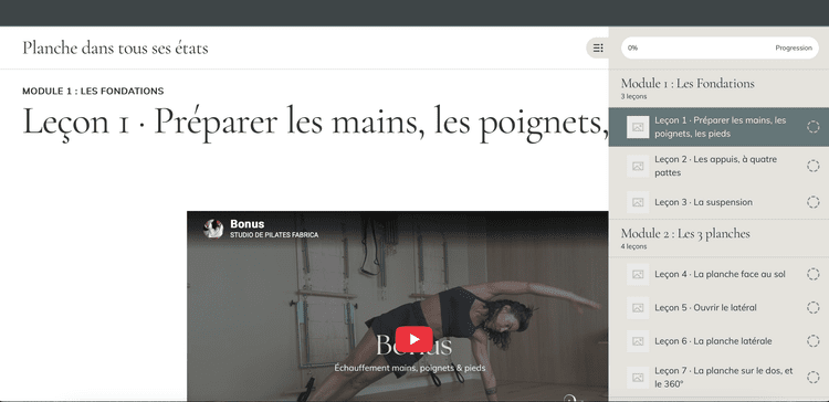Aperçu de la plateforme personnelle de l'atelier Pilates en ligne « La planche dans tous ses états »