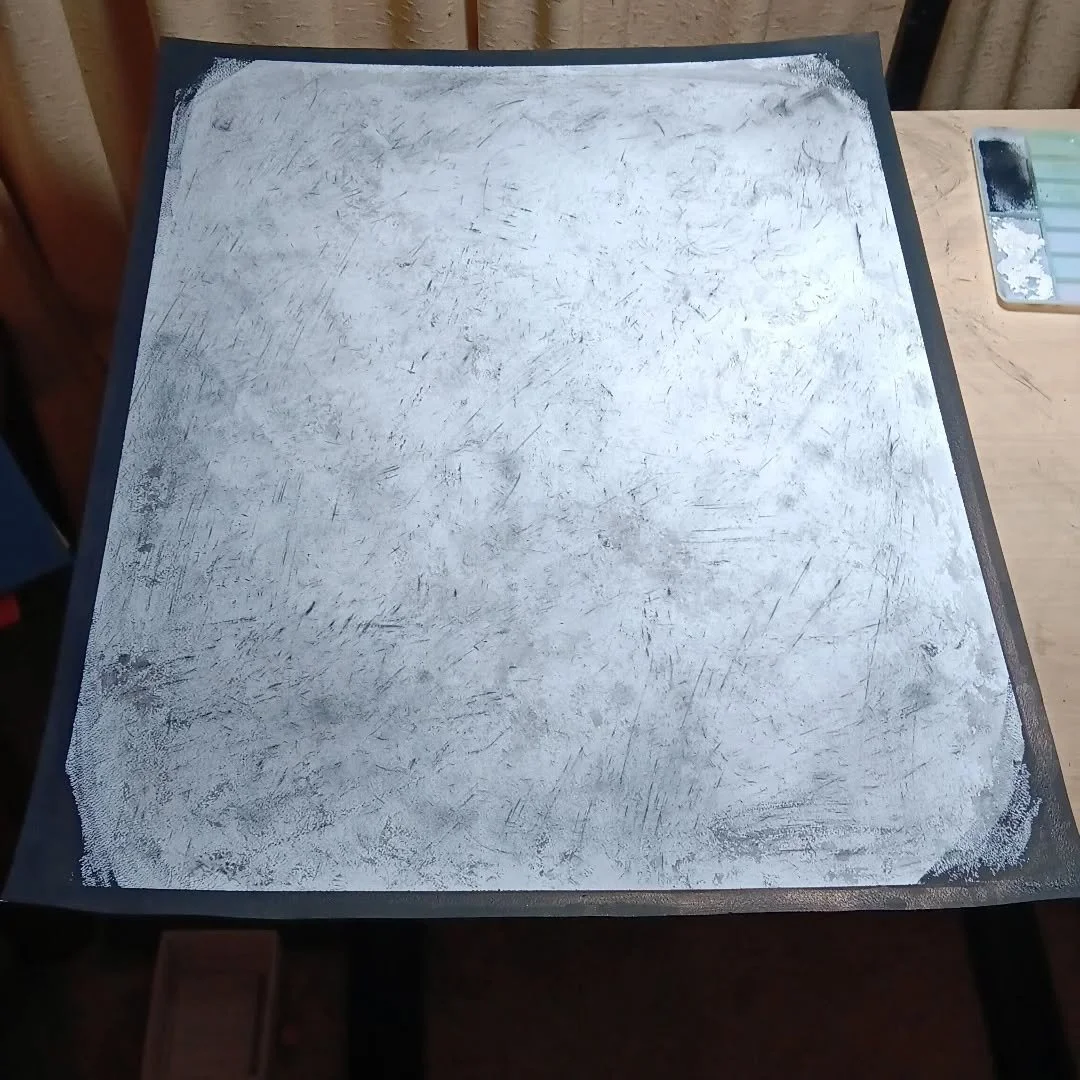 Pleroma. Phase One of the new piece. Grimy textured background using a chaotic mix of ink wash splotches and  a charcoal powder rub. Sealed in a coat of acetone. Gonna let this layer dry while a casually do the dishes in between my bouts of madness. 