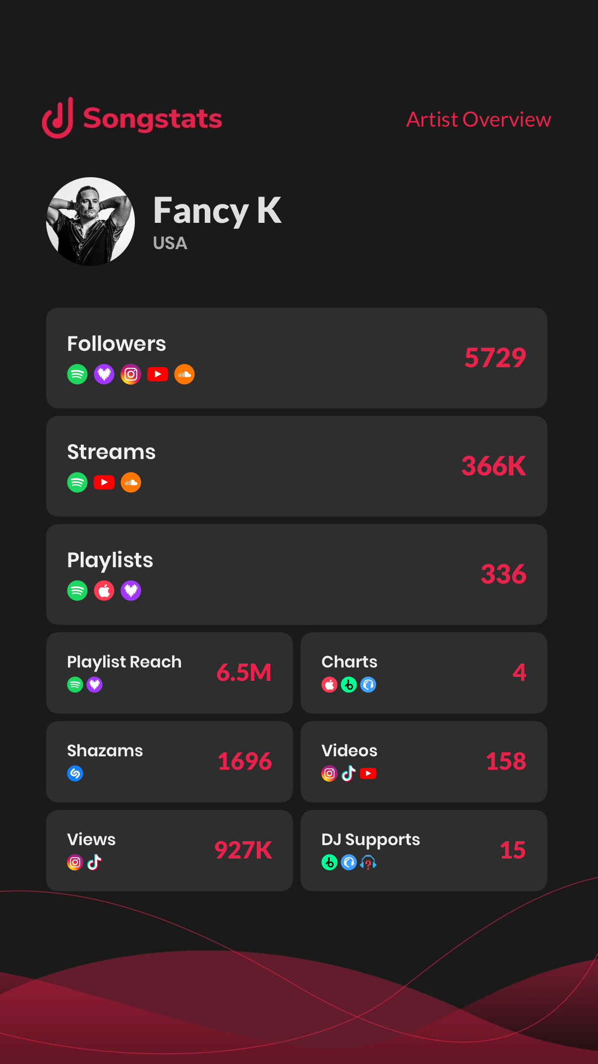 A digital profile overview with statistics for an artist named Fancy K from the USA. The overview includes the artist's followers, streams, playlists, playlist reach, charts, Shazams, videos, views, and DJ supports, with all numbers shown in bold pin