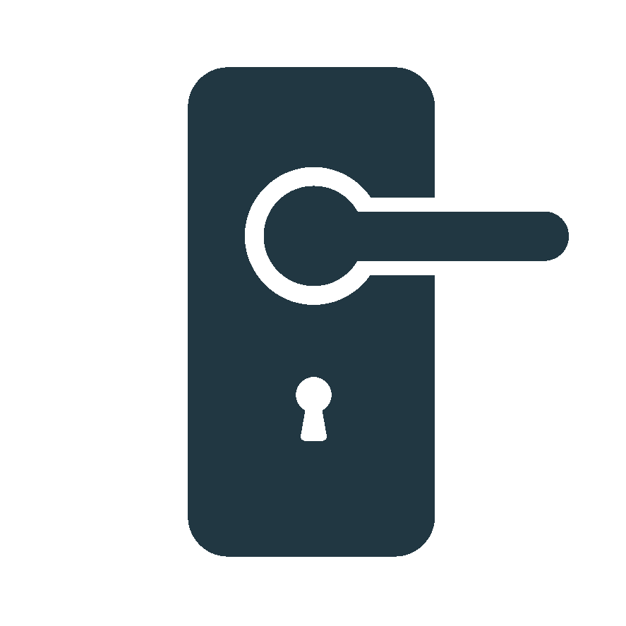 Simple illustration of a door handle with a keyhole on a door and a partially inserted key.