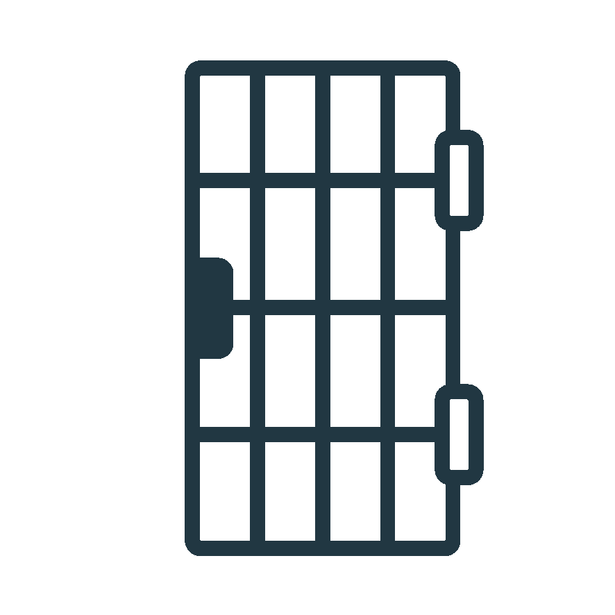 Outline of a jail cell door with bars and a latch.