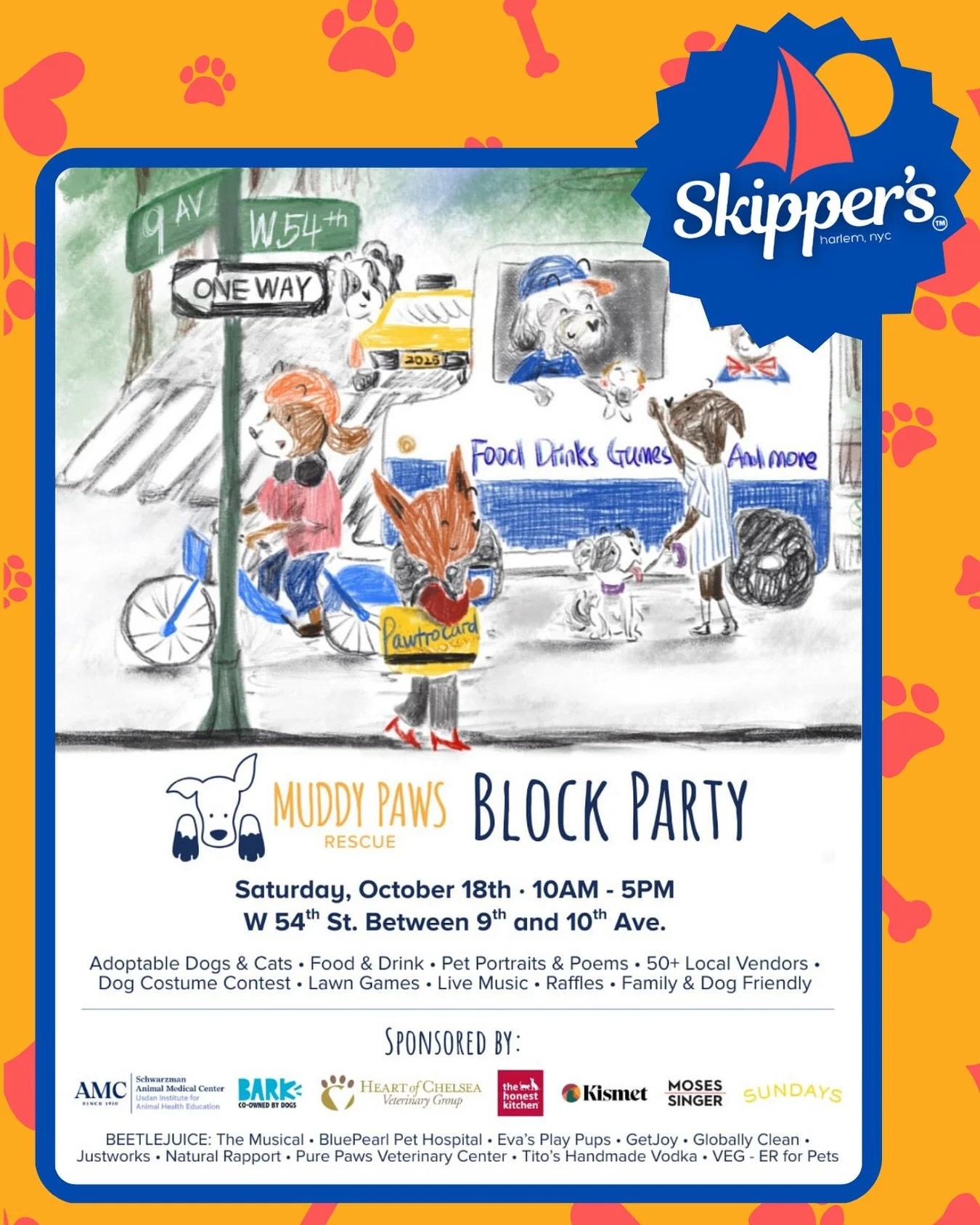 SATURDAY from 10 AM - 5 PM 🧡🐾 Skipper's is THRILLED to be vending at the @muddypawsrescuenyc Block Party! Come find our tent on West 54th between 9th and 10th, and treat yo'self to gifts, toys, games, books, and local goods! It's the perfect event 