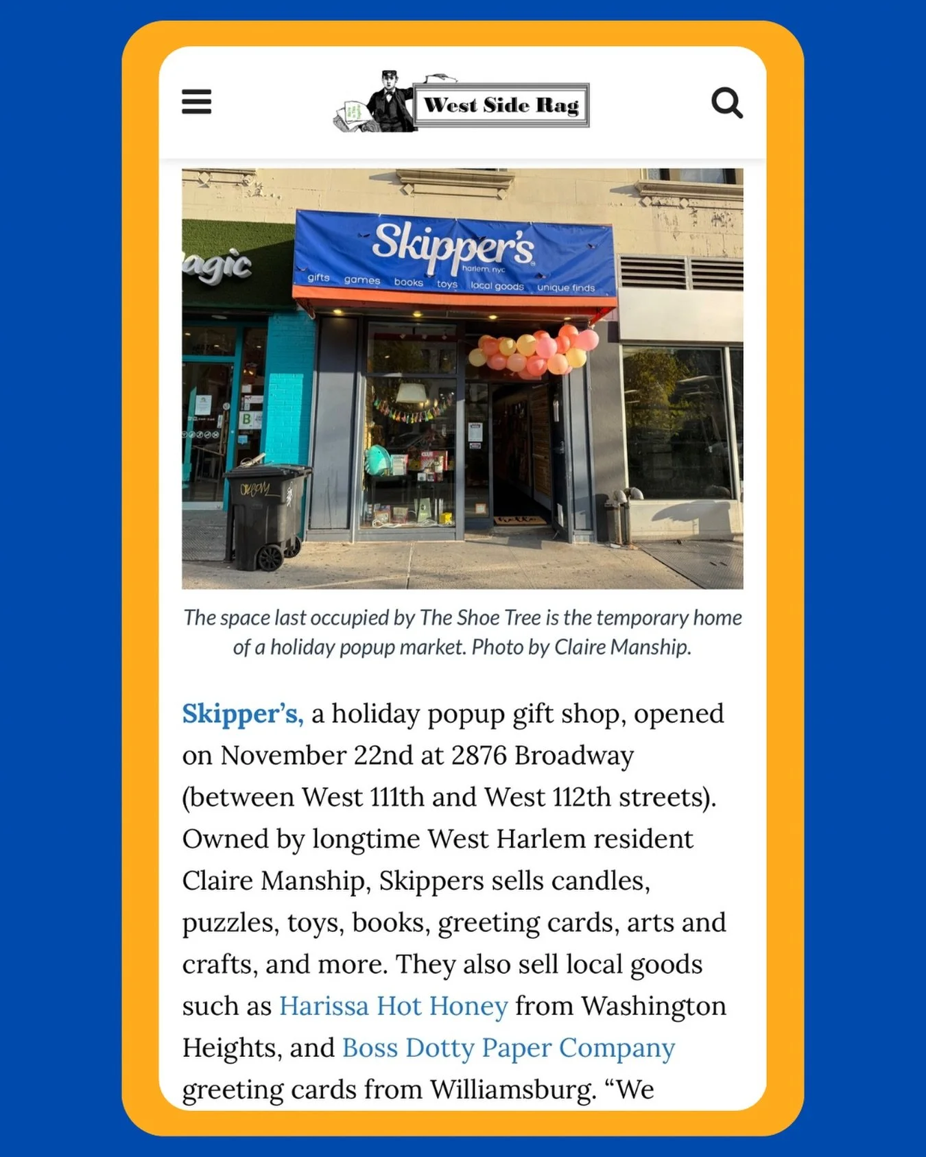 Huge thank you to @westsiderag for the feature in this week's Openings &amp; Closings! Truly grateful for the opportunity to bring local goods and wholesome fun uptown. 💙

#westsiderag #upperwestside #westharlem #morningsideheights #columbiauniversi