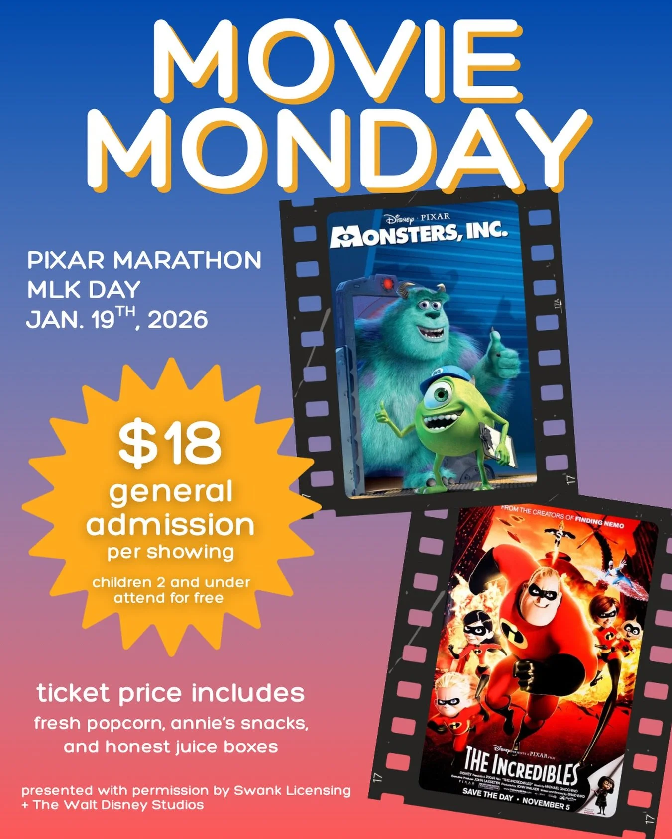 There's a school holiday on 1/19! Do you know what you're doing with your kids? 👀😅 Bring the whole family to Skipper's for MOVIE MONDAY! We are showing Monsters, Inc. and The Incredibles back to back all day long. Your ticket includes complimentary