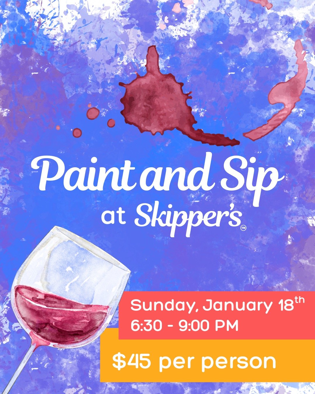 We only have 11 SPOTS LEFT for our first ever Paint and Sip at Skipper's! 🎨🫟 Don&rsquo;t miss your chance to turn a blank canvas into your new favorite personalized piece.

Your ticket comes with:

- Your first drink
- All the supplies you need
- A