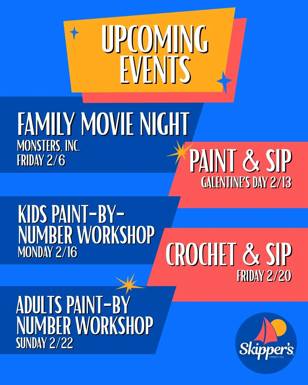 FEBRUARY EVENTS LINEUP JUST DROPPED! 😅🎉💥 We've got something for everyone: movies, arts and crafts, community, pizza, and more! Check out the blurbs below and get your tickets at the 🔗 in bio (before they're gone)!

FAMILY MOVIE NIGHT: Monsters, 
