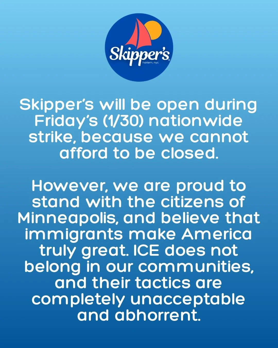 In solidarity with those striking, Skipper&rsquo;s will be donating 20% of our Friday (1/30) sales to the @aclu_nationwide. 

#ICEout #nationalshutdown