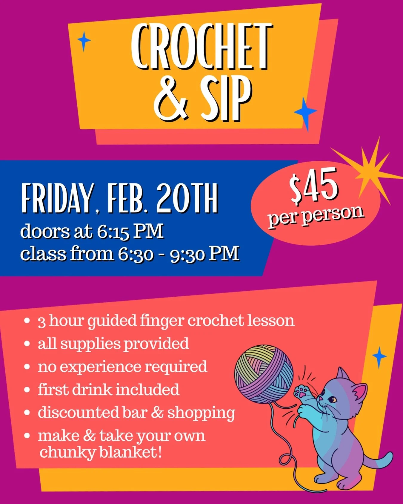 THIS FRIDAY 🍷🧶💕 We only have SIX SEATS LEFT for our very first Crochet &amp; Sip at Skipper's! Join our amazing instructor, Keli (@z.hathaus), for a three-hour guided finger crochet lesson. Everything will be provided for you, and you'll go home w