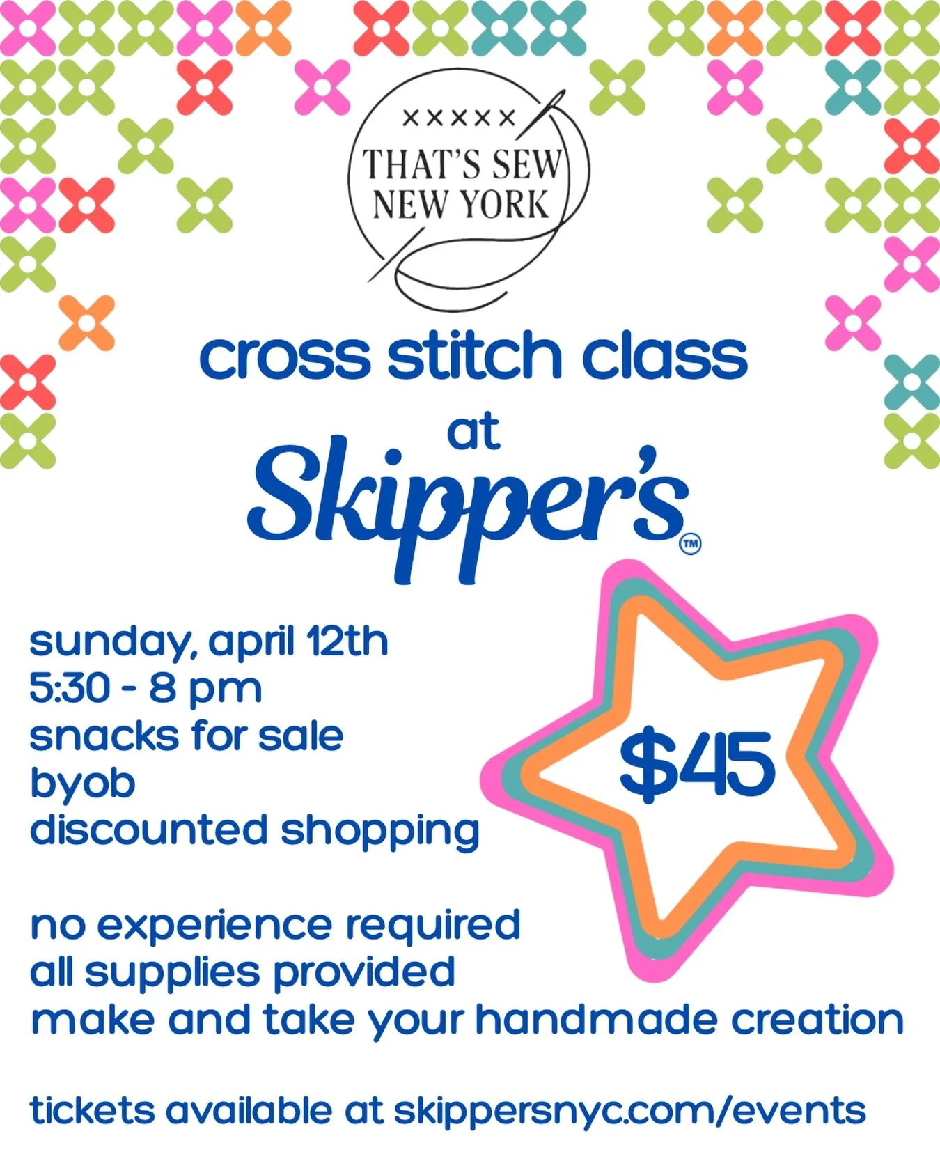 Slow down and stitch your way to a new skill! 🧵✨Join us at Skipper's on Sunday 4/12, for a brand new class offering: Cross Stitch Class with @sew.new.york! 

All supplies will be provided, and no experience is required! Snacks will be for sale, you 