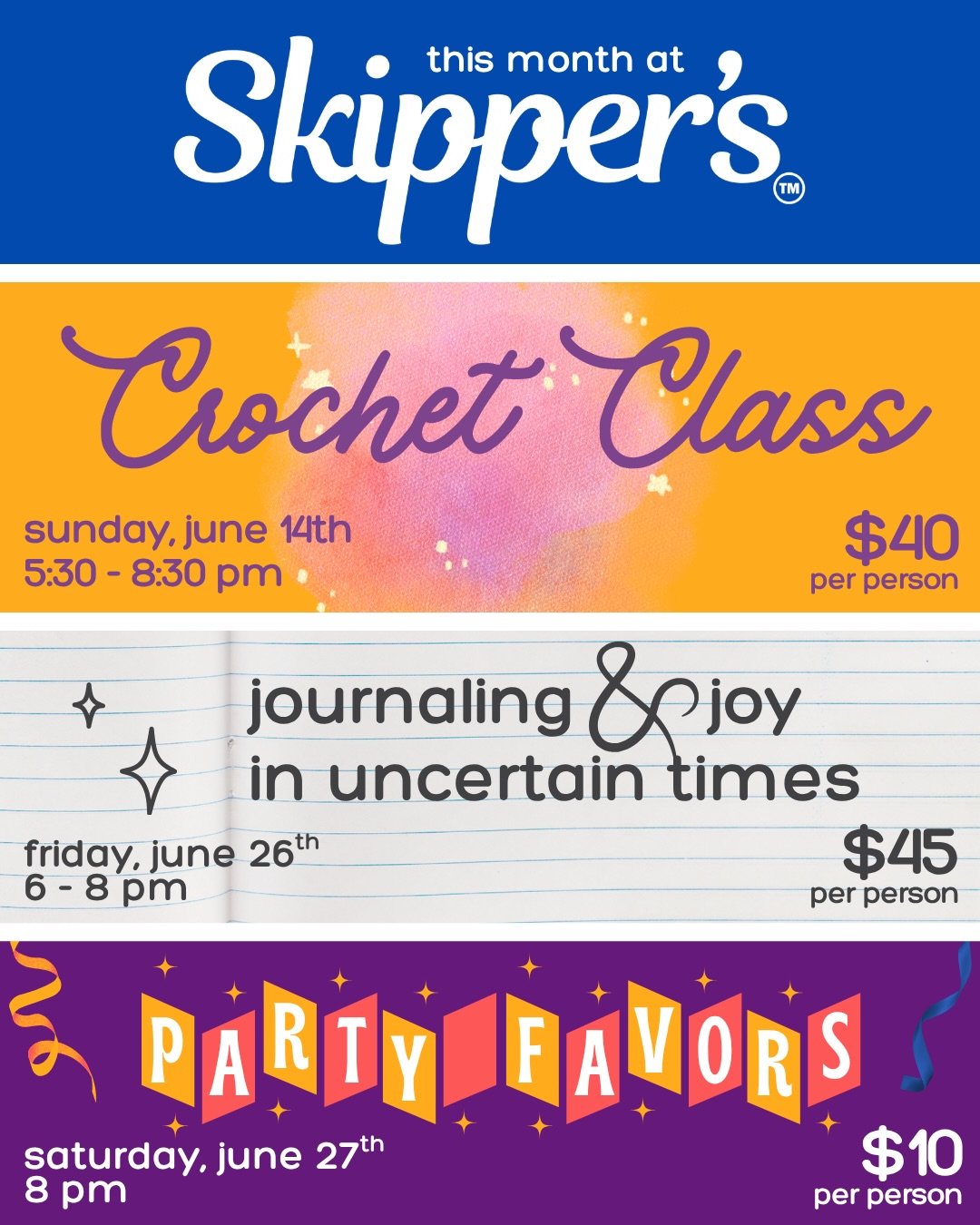 🎶 JUNE IS BUSTIN' OUT ALL SKIPPER'S! 🎶

Join us for an INSANE lineup this Pride Month! Up first, learn to crochet your own tote bag with Keli from @z.hathaus. Then, get focused and spend some time with a journal and Jennifer from @journalyourpath. 
