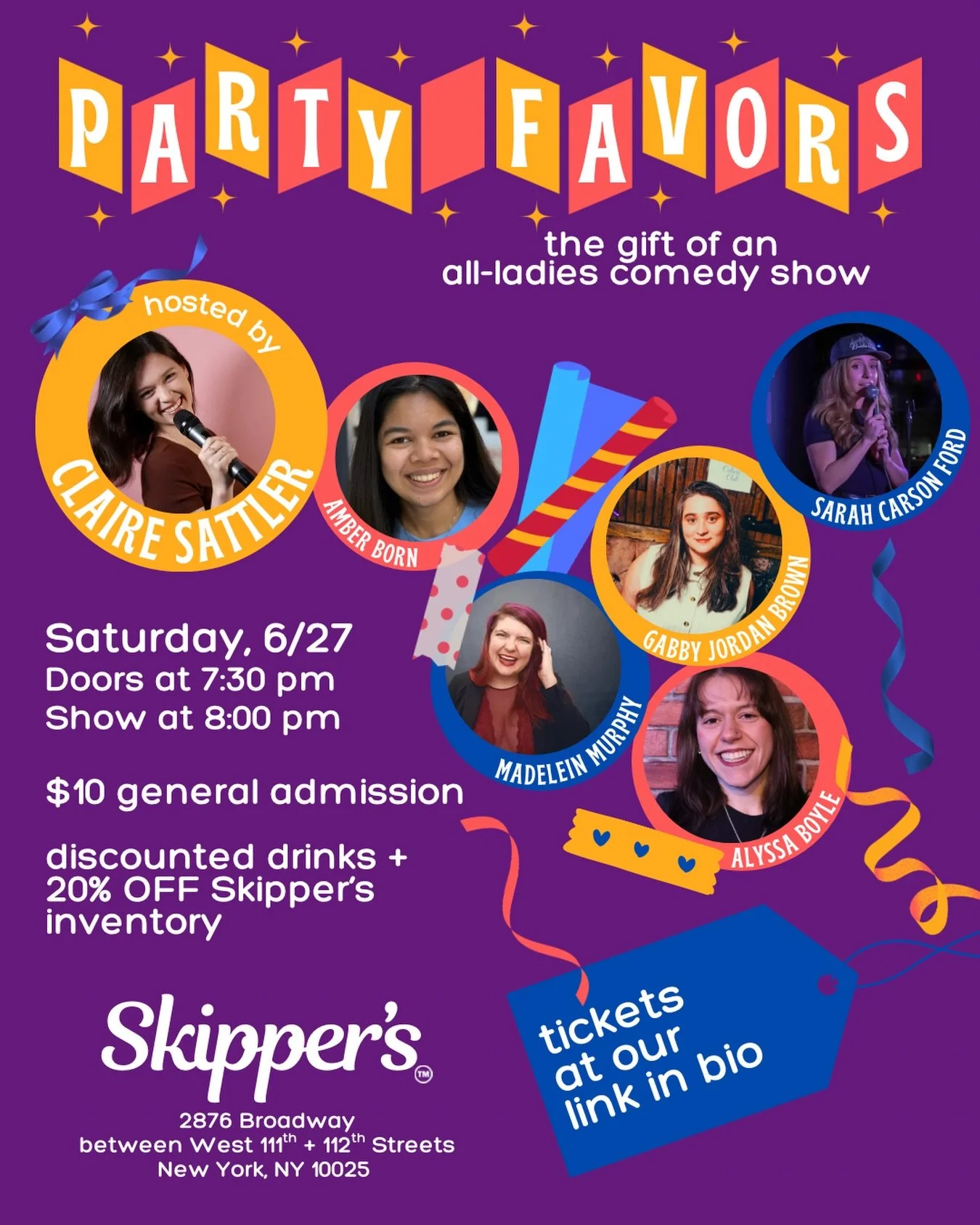 THIS SATURDAY NIGHT 🎉🩷 Party Favors Comedy Show is BACK at Skipper's!

Hosted by @claire.sattler, and featuring @amberbornposts, @sarahcarsoncomedy, @madeleinmurphy, @hipsoccermom, and @_alyssa_boyle_, PARTY FAVORS gives the gift of an all-ladies l