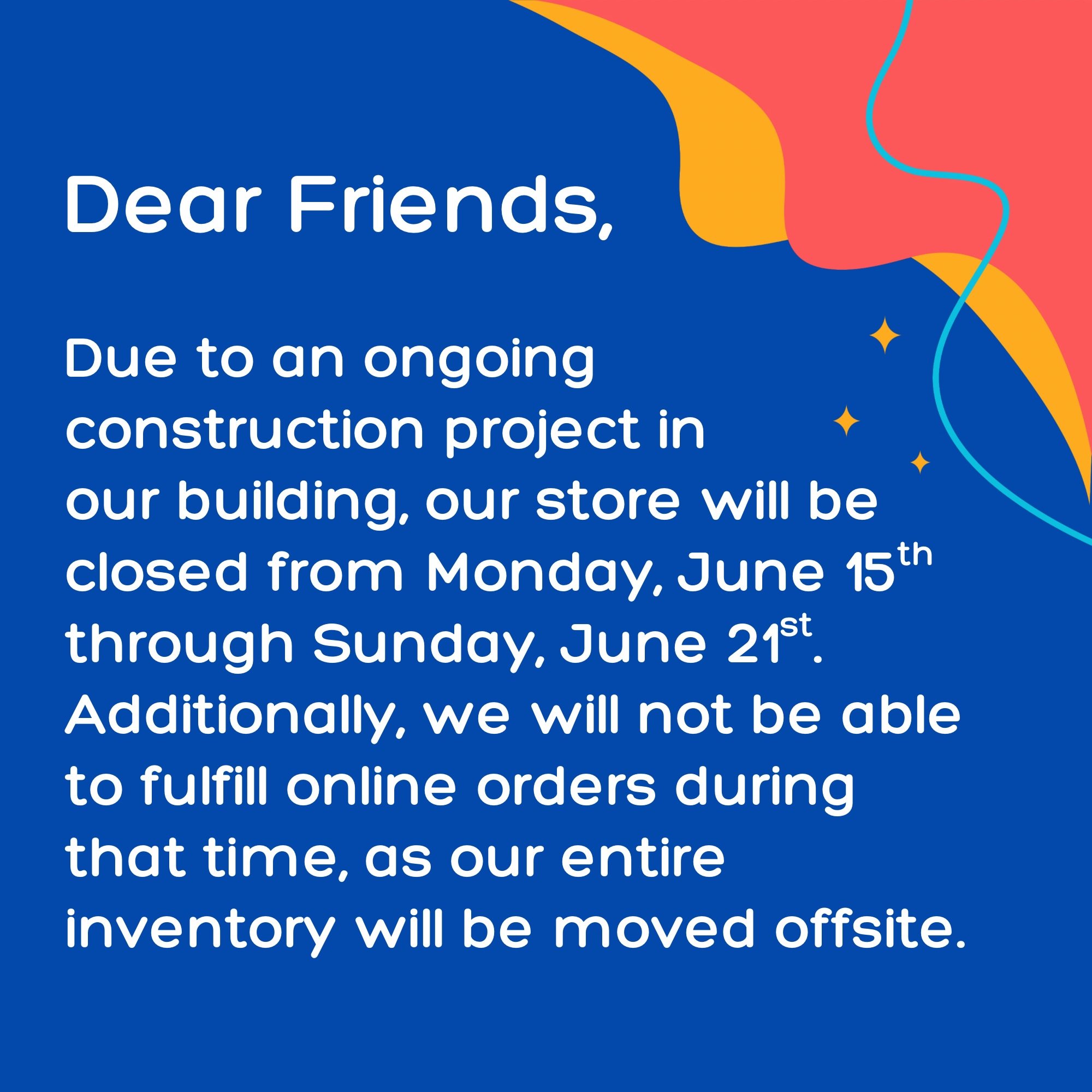 Construction, ahoy! ⛵️😅 We're having a little work done next week, and are going to be CLOSED ALL WEEK LONG. If you need nifty gifties before then, we are ready to serve you!

And, as always, you can buy tickets for our upcoming classes and events a