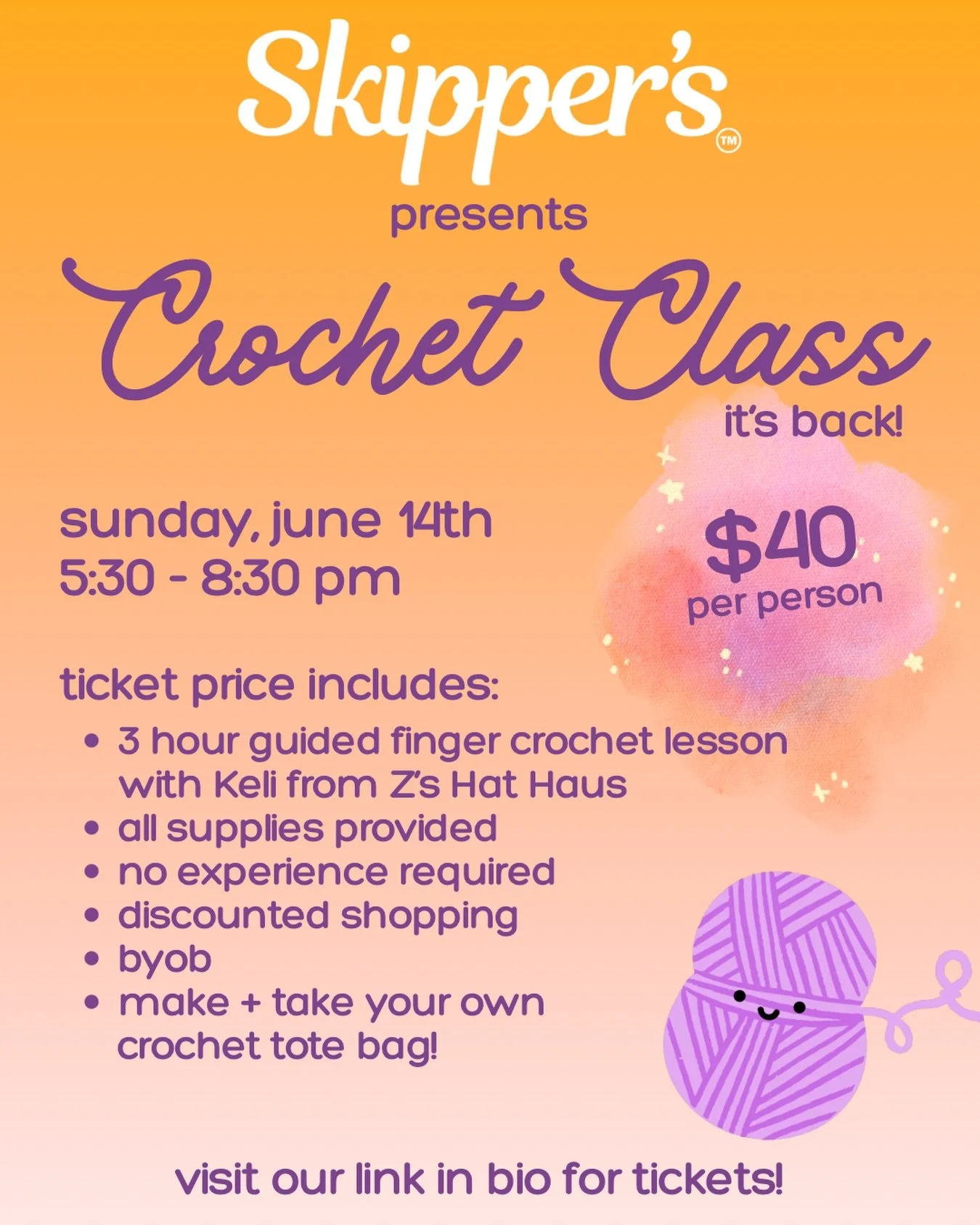 Have you always wanted to learn to crochet? 🧶👀 This Sunday is your chance! Take a 3-hour guided finger crochet lesson from @z.hathaus, and then take home your own handmade tote bag! 🎉 All supplies will be provided, and no experience is required!

