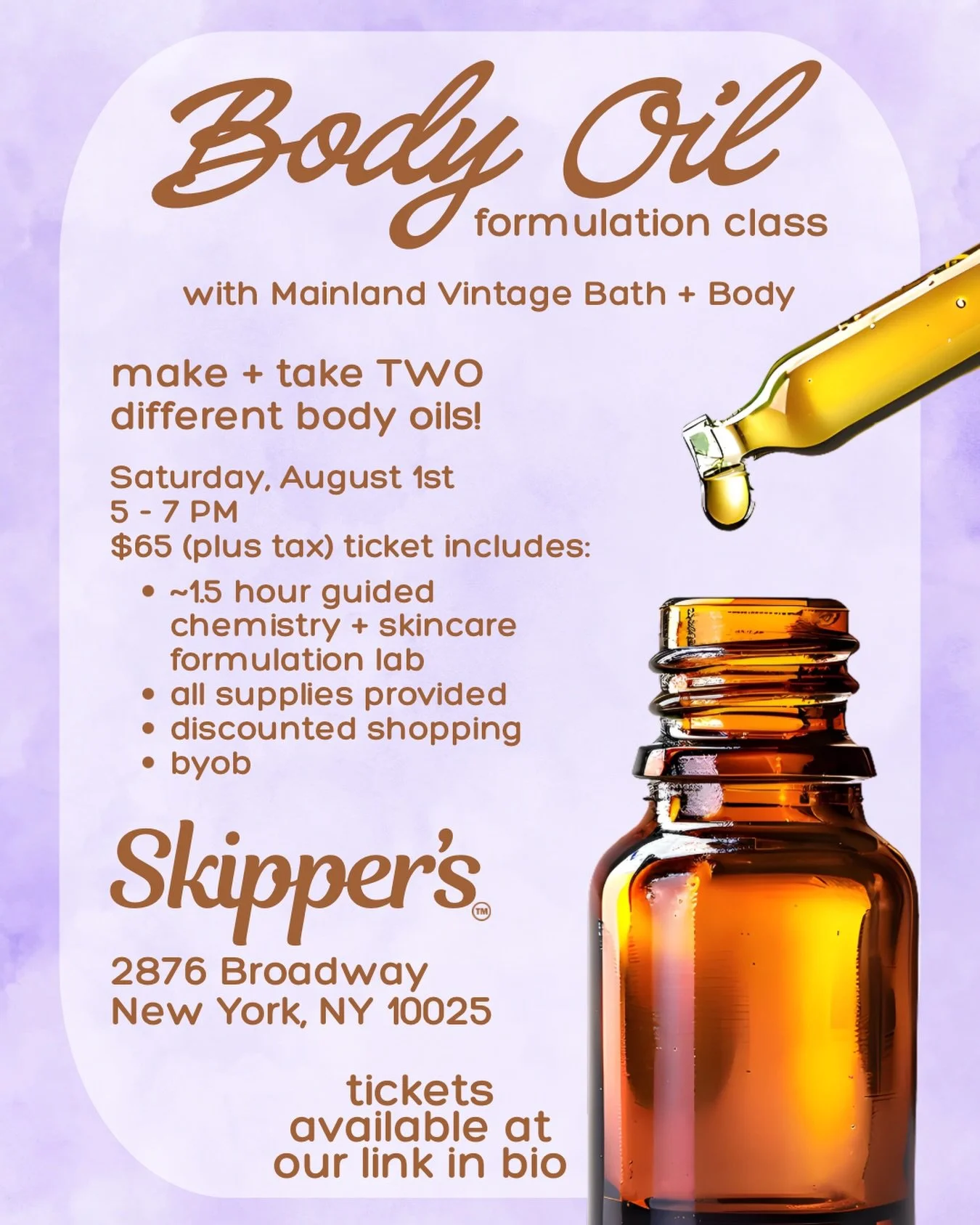 THIS SATURDAY: It's time for some skincare 💅 Join us for Body Oil Formulation Class with @mainlandvintage! You'll make and take TWO different body oils, while enjoying discounted shopping and BYOB!

Use SKIN10 at the 🔗 in bio for $10 OFF your ticke