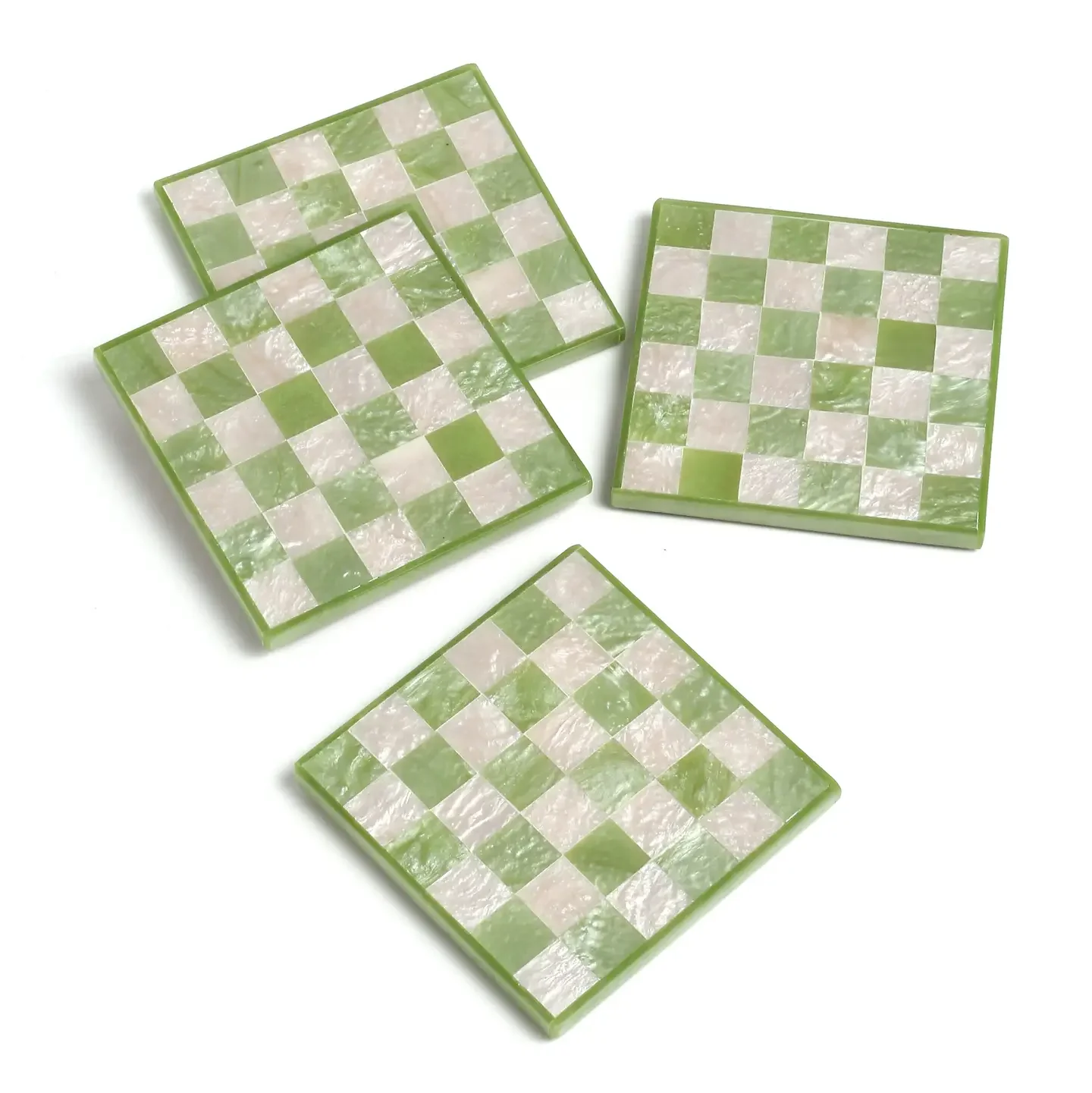 Green Check Resin Coaster Set of 4