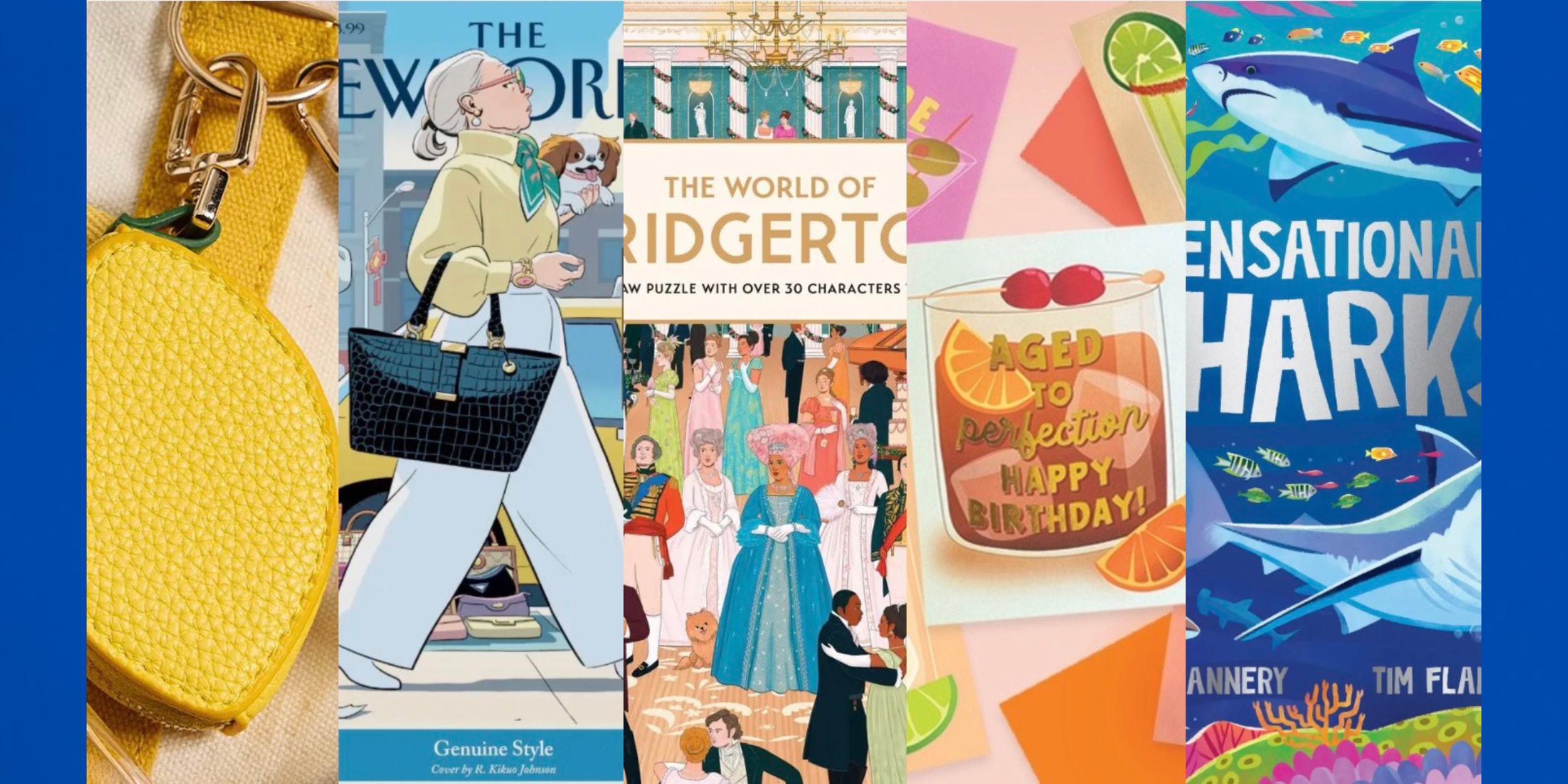 Collage of various items and illustrations, including a yellow textured bag, a cartoon woman with a dog, a puzzle box with characters, a birthday drink with cherries and oranges, and a blue poster of a giant shark.