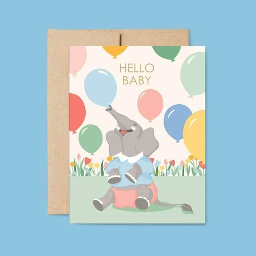 Hello Baby Elephant & Balloons Card