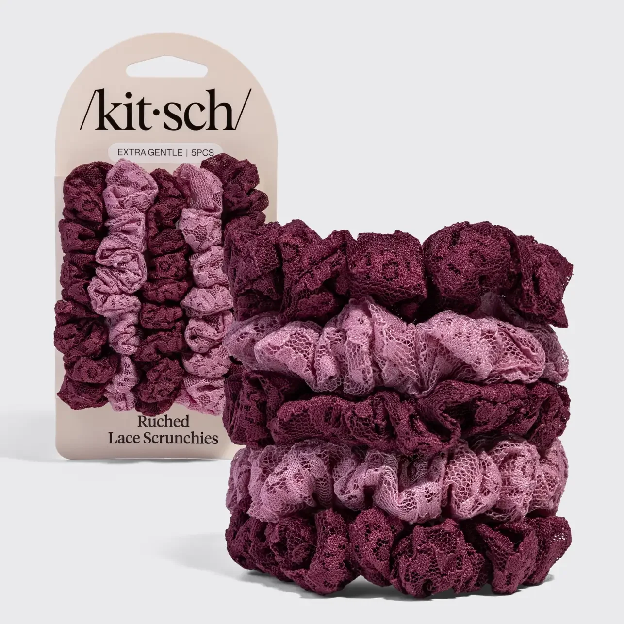 Ruched Lace Scrunchies 5-Piece Set - Cherry Lacquer & Dusty Pink