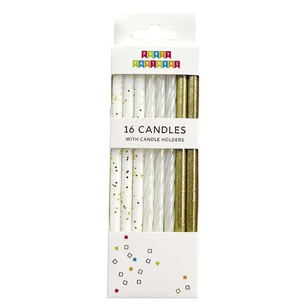 Gold & White Glitter Candle Set (16 Count)