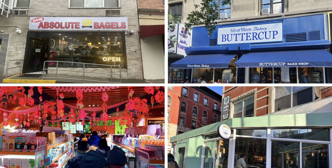 Four photos of storefronts and interior; top left shows a bagel shop with a sign 'Absolute Bagels' and an entrance with an 'Open' sign; top right features a bakery named 'Buttercup' with blue awning and people inside; bottom left displays a colorful, decorated store with pink hanging decorations and a crowd; bottom right shows a cafe with large glass windows and outdoor seating.