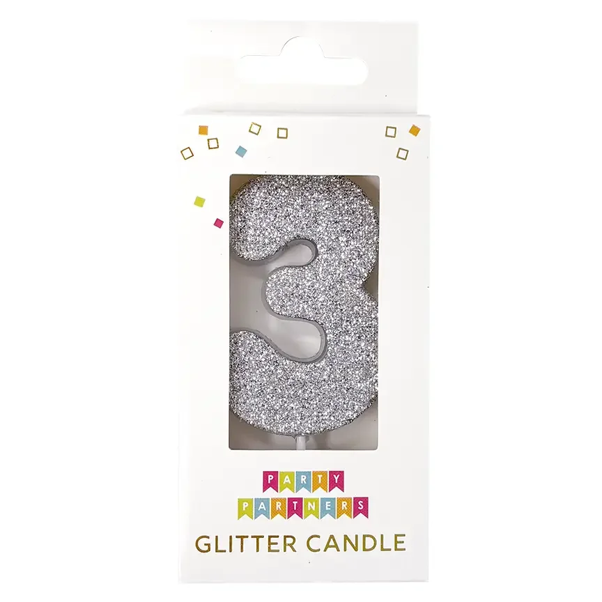 3 Glitter Number Candle in Silver