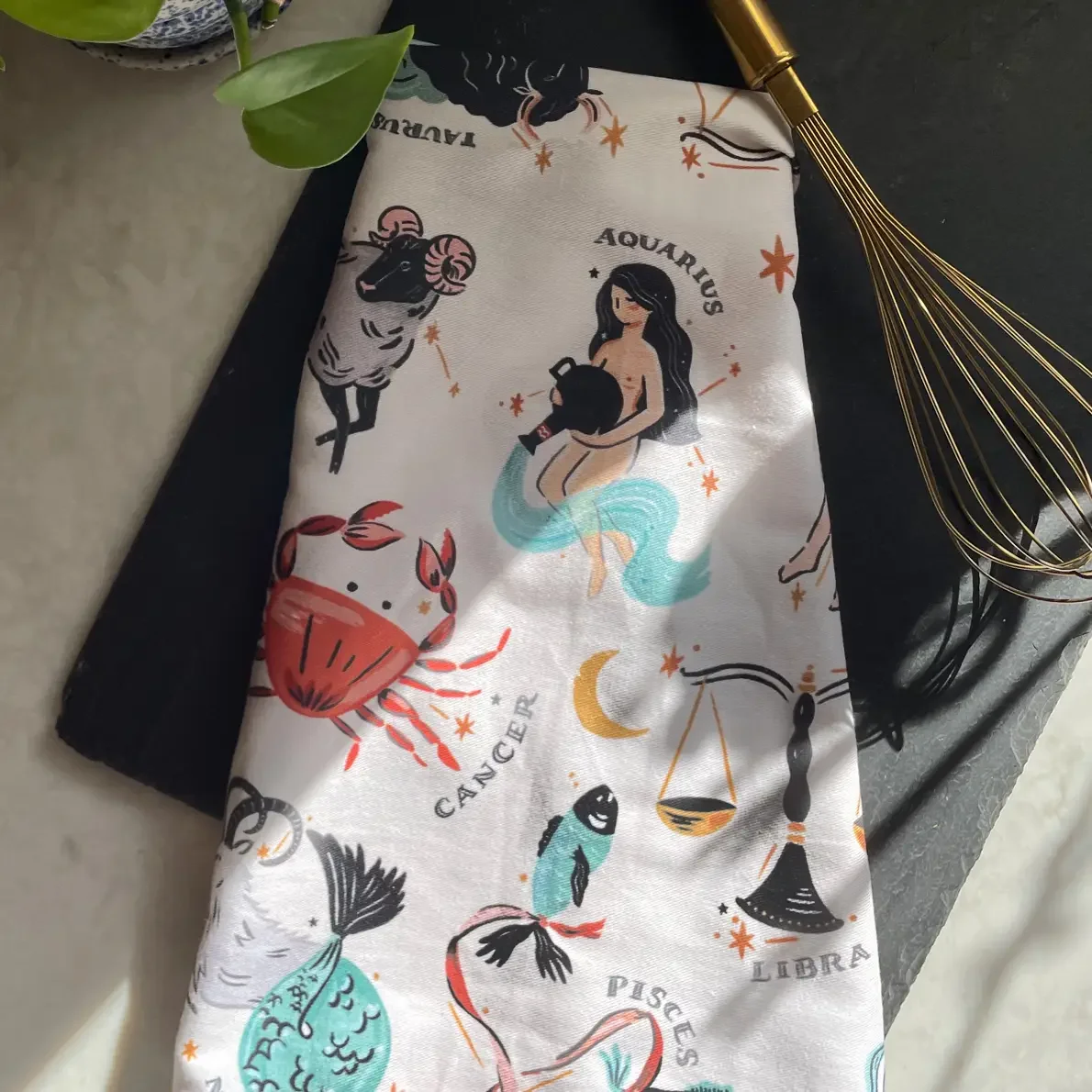 Cotton Tea Towel with Embroidered Detail | Zodiac Signs